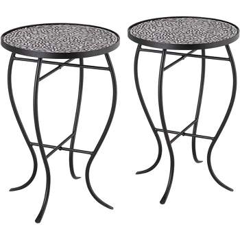 Teal Island Designs Modern Black Round Outdoor Accent Side Tables 14" Wide Set of 2 Free-Form Mosaic Tabletop Front Porch Patio Home House