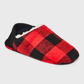Adult Buffalo Check Plaid Faux Shearling Lined Pull-On Slipper Socks with Huggable Heel & Grippers - Wondershop™ Red/Black