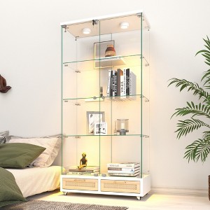 Modern Glass Display Cabinet with 2 Large Drawers, Bookshelf Storage Cabinet Accent Cabinet with LED lights - ModernLuxe - 1 of 4