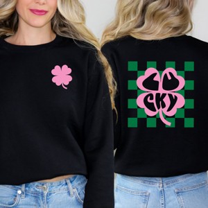 Simply Sage Market Women's Graphic Sweatshirt Lucky Clover Checkered Front and Back - 1 of 2