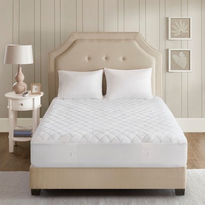 Queen White Heated Microfiber Mattress Pad with 3M Scotchgard