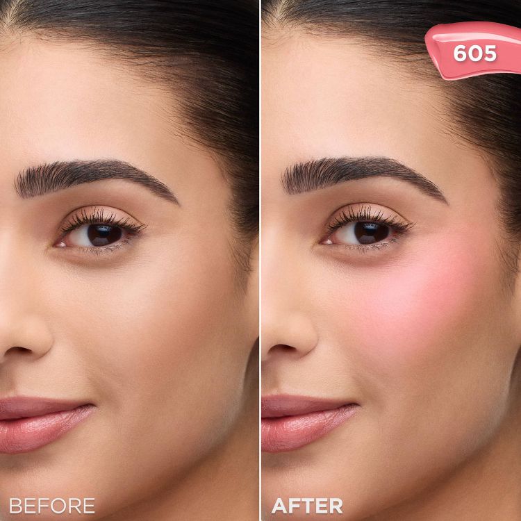 Before and after comparison showing the application of pink colored blush on cheeks with the number 605 in the top right corner.