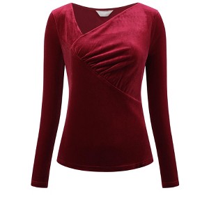 Hobemty Women's Slim Fitted Asymmetrical Neck Casual Long Sleeve Velvet Blouse - 1 of 4