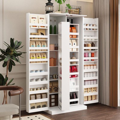 FUFU&GAGA Rotating Pantry Cabinet,Large capacity  Kitchen Storage Hutch,Double Doors with Compartments,Kitchen Organization,White