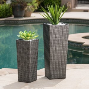 Hrinhom 2-Piece Modern Rattan Flower Pot, Square Planters for Garden and Patio - 1 of 4