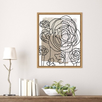 Drawn Flowers II Abstract Canvas Art with Maple Frame