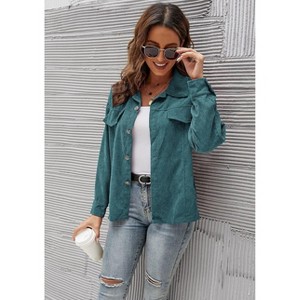 Women Corduroy Shirt Jacket Notch Lapel Long Sleeve Relaxed Fit Casual Coat - 1 of 4