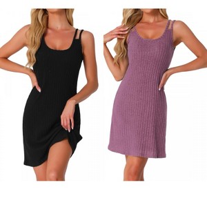 INSPIRE CHIC Women's 2 Pcs Sleeveless Crew Neck Ribbed Knit Nightgown Double Strap Chemise - 1 of 4