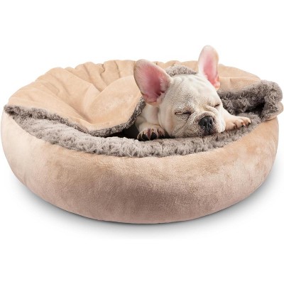 Small Dog Bed Cat Bed with Hooded Blanket, Cozy Cuddler Luxury Puppy Pet Bed, Donut Round Calming Anti-Anxiety Dog Burrow