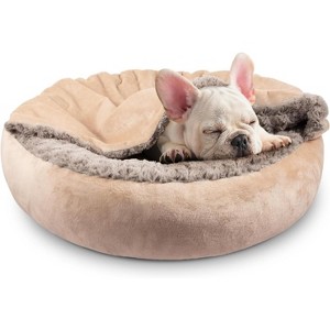 Small Dog Bed Cat Bed with Hooded Blanket, Cozy Cuddler Luxury Puppy Pet Bed, Donut Round Calming Anti-Anxiety Dog Burrow - 1 of 4