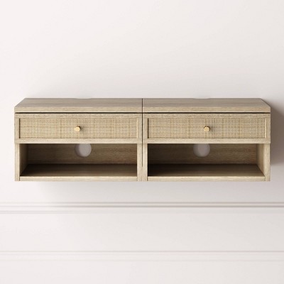 Light Oak and Rattan Floating Nightstands with Drawer, Set of 2