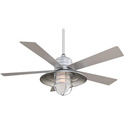 54" Minka Aire Industrial Outdoor Ceiling Fan Galvanized Silver Acid Etched Glass Wet Rated for Patio Exterior Porch Gazebo Garage