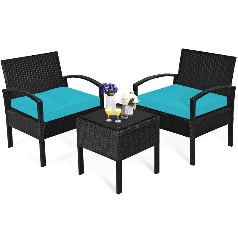 Tangkula 3 Pieces Patio Set Outdoor Wicker Rattan Furniture w/ Cushions Turquoise, 3 of 9