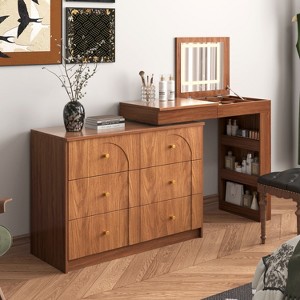 VYNXARIA Vanity Desk with Mirror and Lights, Makeup Vanity Table with Flip-Top Tabletop and Storage，White/Walnut - 1 of 4