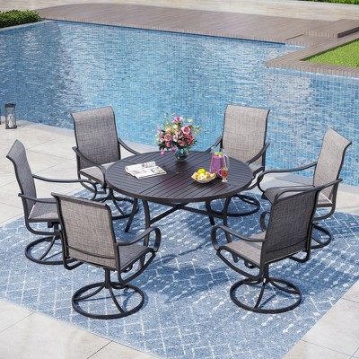 Captiva Designs 7pc Black Round Slatted Steel Table with Umbrella Hole & Textilene Swivel Chairs