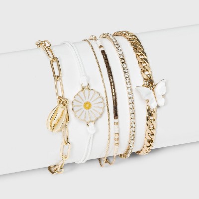 Shiny Gold with Beads and Cord Multi-Strand Bracelet Set 6pc - Wild Fable™ White