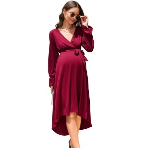 WhizMax Women Maternity Dress Wrap V Neck Dress Long Lantern Sleeve  A-Line High Waist Flowy Dress with Belt - 1 of 4