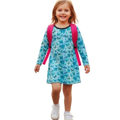 The Pink Picket Fence Suzie Dino Dress for Girls – Long Sleeve, Stretchy and Soft Play Dress – Hand-Painted Dinosaur Print - Sensory Friendly