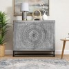 Royal Hampton 39 Inch Handcrafted Accent Cabinet with 2 Doors, Medallion Engraved, Sandblasted Gray Mango Wood, Black Iron Framed Stand - 2 of 4