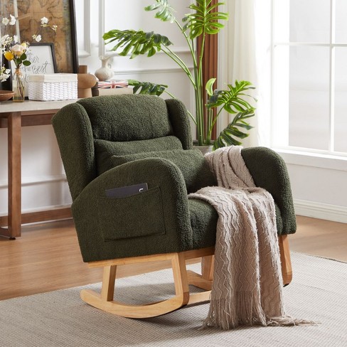 Modern Lounge Rocker Recliner green Fabric Rocking Chair With Pockets comfy Accent Arm Chair With Solid Wood Legs leisure Chairs cuddlewood Target