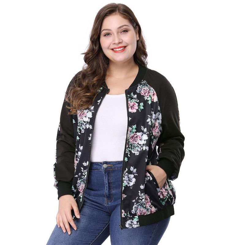 Agnes Orinda Women's Plus Size Zipper Raglan Sleeves Floral Bomber Jacket, 4 of 8
