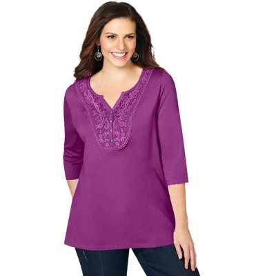 Catherines Women's Plus Size Crochet Placket Tee - 4x, Berry Pink : Target