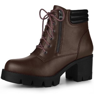 BLISSFUL STEP Women's Round Toe Chunky Heel Lug Sole Lace Up Zipper Combat Boots - 1 of 4