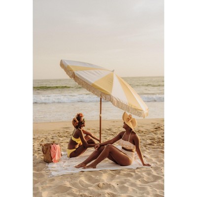 Summerland 6.5 ft Pink and White Striped Beach Umbrella with Fringe