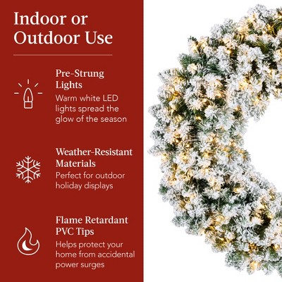 48-Inch Flocked Fir Christmas Wreath with Red Bow and LED Lights