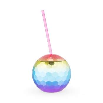 Blush Rainbow Disco Ball Cup with Straws for Parties - 16 Ounce Cute Sparkly Glitter Cocktail Disco Ball Drink Tumbler, Party Supplies