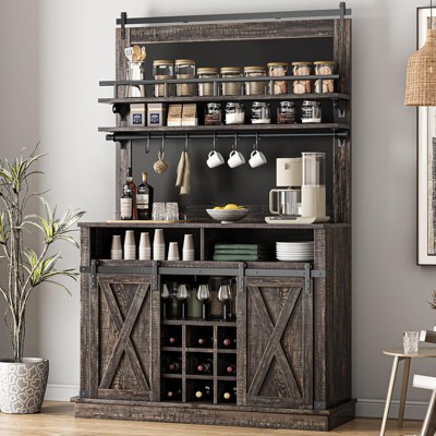 75" Farmhouse Bar Cabinet with Sliding Barn Door & Storage - Buffet Sideboard for Coffee Bar, Kitchen or Dining Room