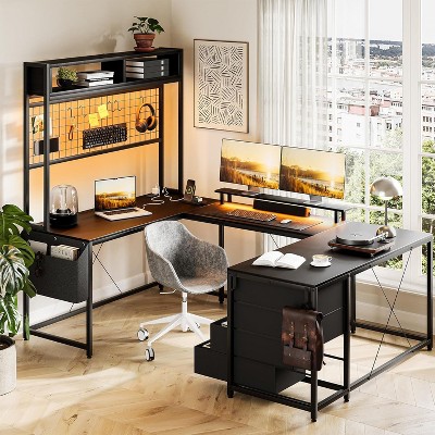 Nasitip 78.7" Reversible U-Shaped Desk with Hutch and LED Lights, Computer Gaming Desk with Power Outlets and Storage