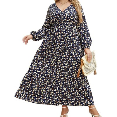 MISSKY Women Plus Size Maxi Long Sleeve V-Neck Wrap Casual Tie Waist Long Dress