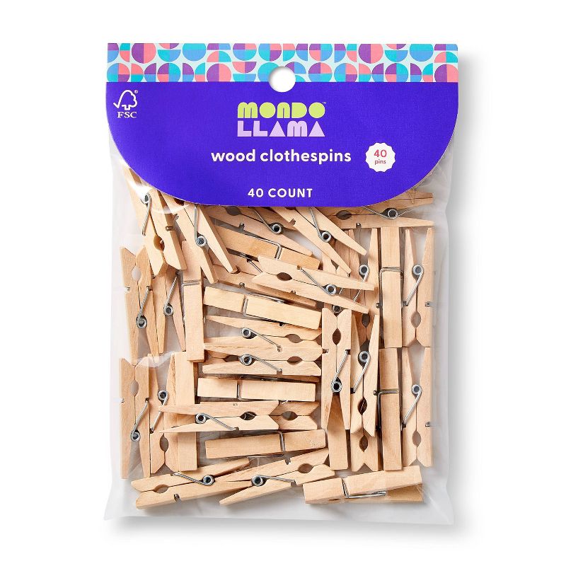 40ct Wood Clothespins Natural - Mondo Llama&#8482;, 1 of 4