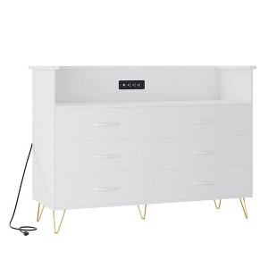 Bedroom vanity with LED lighting and charging station, featuring 6 wooden drawers and 2 tiers of shelving, suitable for living rooms and entryways. - 1 of 4