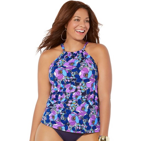 Swimsuits For All Women's Plus Size High Neck Tankini Top, 8 - Navy ...