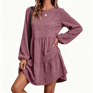 EadianDree Womens Long Sleeve Crew Neck Corduroy Mini Dress Tiered Ruffle Hem Autumn Casual Babydoll Short Shift Dresses/MEDIUM/rose red : Target