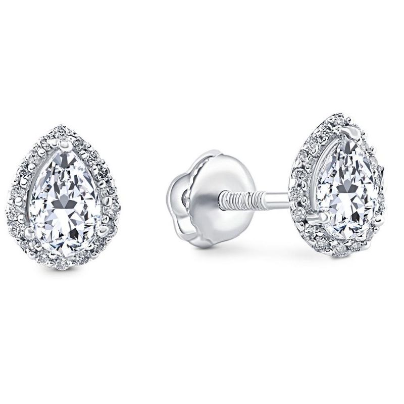 Pompeii3 1/2Ct Pear Shape Halo Screw Back Diamond Studs White or Yellow Gold Earrings, 2 of 4