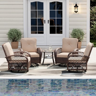UPHA 5-Piece Patio Outdoor Wicker Swivel Rocking Chair Set with Side Table and Beige Cushions
