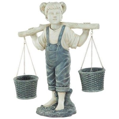 Large Off-White Resin Little Girl Garden Statue with Faux Woven Baskets