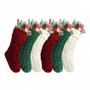18 Inches Burgundy Ivory Green Knitted Stockings 6 Pack for Holiday Winter Warmth Cozy Comfort Soft Blend Material Gift - 1 of 4