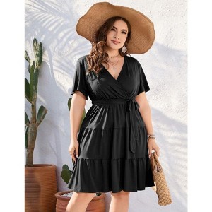 Coolmee Women Plus Size Casual Floral V Neck High Waisted Short Sleeve Wrap Midi Dress With Belt - 1 of 4