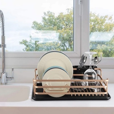 LunaLulinlk Aluminum Dish Drying Rack with Cutlery Holder, Light Gold Removable Drainer Tray
