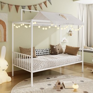 KTMBDW Twin/Full Size Montessori Floor Bed, Metal House Bed Frame for Kids, Montessori Floor Beds with Fence, Canopy Platform Bed - 1 of 4