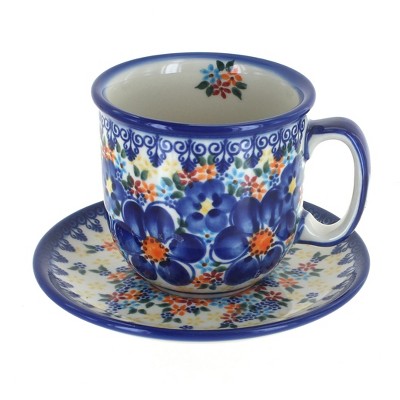 Blue Rose Polish Pottery Blue Dahlia Coffee Cup & Saucer
