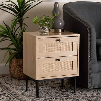 Baxton Studio Sherwin 2 Drawer End Table with Woven Rattan Accent Light Brown/Black