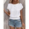 Women's Casual Eyelet Pattern Smocked Waist Short Sleeve Shirt Summer Crew Neck Blouse - 4 of 4