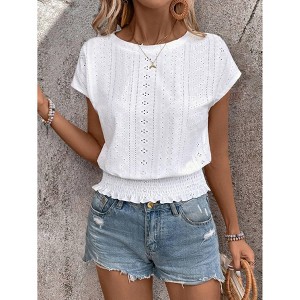 Women's Blouse Eyelet Embroidered Smocked Waist Short Sleeve Blouse Casual Crew Neck Summer Top - 1 of 3