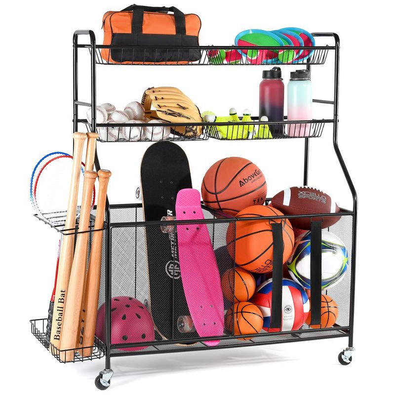 Ball Rack Organizer Holder For Garage - Indoor & Outdoor Large Garage Sports Equipment Organizer With Baskets, Rolling Wheels & Breaks - Homeitusa, 1 of 8