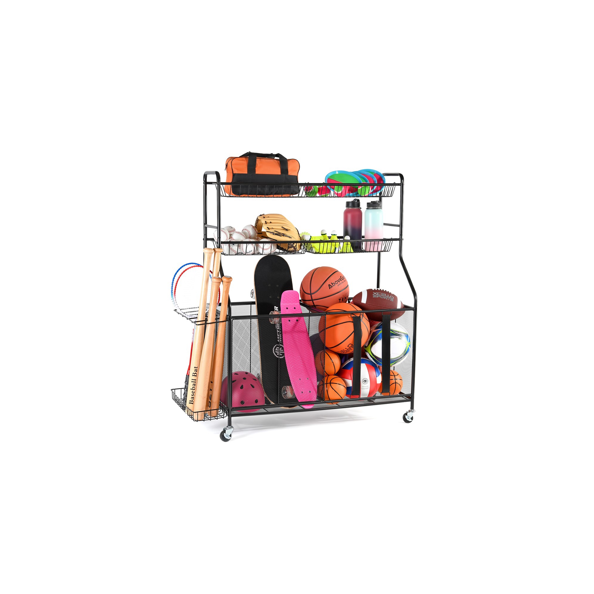 Ball Rack Organizer Holder For Garage - Indoor & Outdoor Large Garage Sports Equipment Organizer With Baskets, Rolling Wheels & Breaks - Homeitusa
